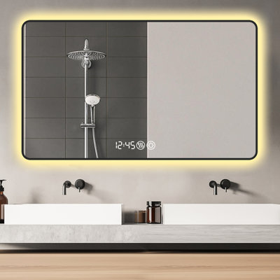 Miroir de salle de bain 29 x 39 avec cadre en aluminium noir, coins arrondis, affichage de la température et de l'heure, cadre à trois couleurs à DEL pour la salle de bain, comprenant trois lumières