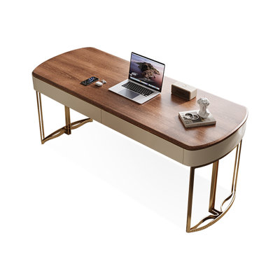 Bureau 70,87 po brun noisette + blanc crème + bois manufacturé ovale doré + acier inoxydable avec 2 tiroirs