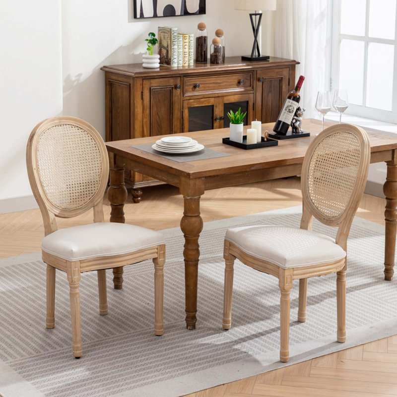 Chaise en bois massif à dossier en rotin, Beige