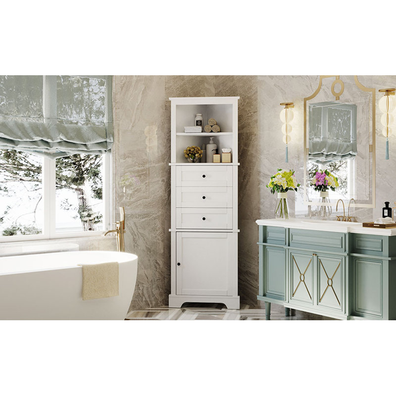 Grande armoire triangulaire blanche avec 3 tiroirs et tablettes réglables pour la salle de bain, la cuisine ou le salon, panneau de fibres à densité moyenne avec finition peinte