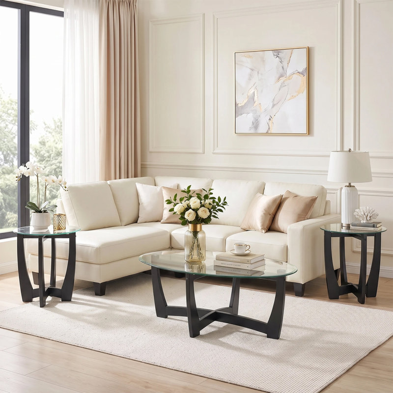 Ensemble de table basse et table de bout en verre 3 pièces, table basse ovale 48 po avec 2 tables d'appoint rondes de 23,5 po, base en bois pour le salon