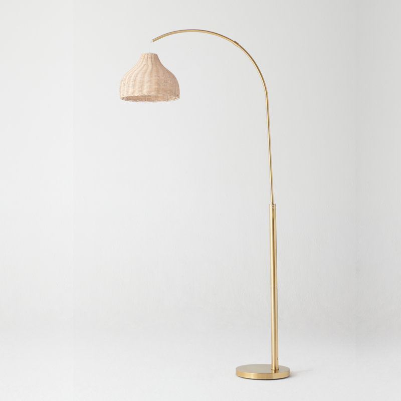 75" Brass Arc Floor Lamp with Rattan Shade