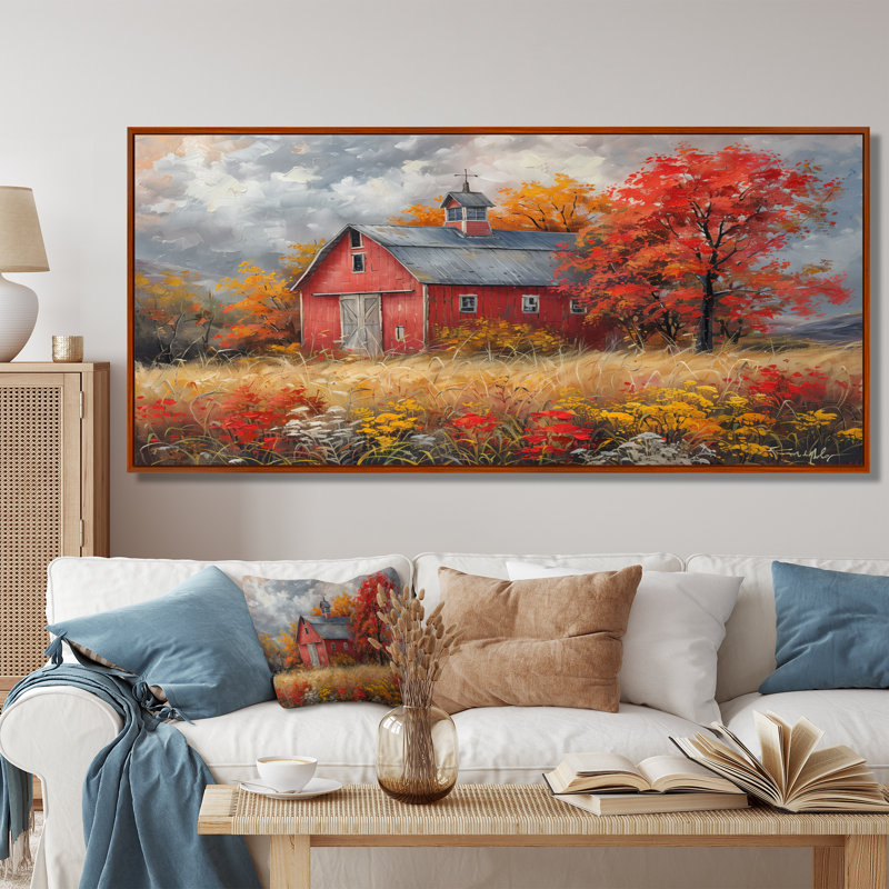 Automne rouge grange brise I - impressions encadrées de grange, Toile avec cadre flottant brun, H 28 po x l 60 po x P 1,5 po