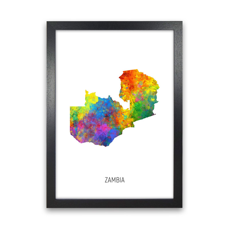 Zambia Watercolour Map by Michael Tompsett - Print, 34cm H x 25cm W x 3cm D, Black Framed