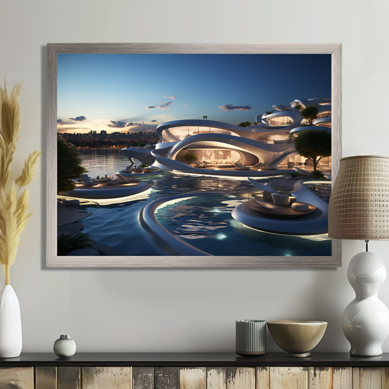 Futuristic Architecture III - City Architecture, art mural, 24" H x 32" W, Black Picture Framed