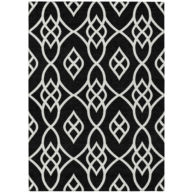 Tapis extérieur lavable à motif treillis noir et ivoire 5 pi x 8 pi