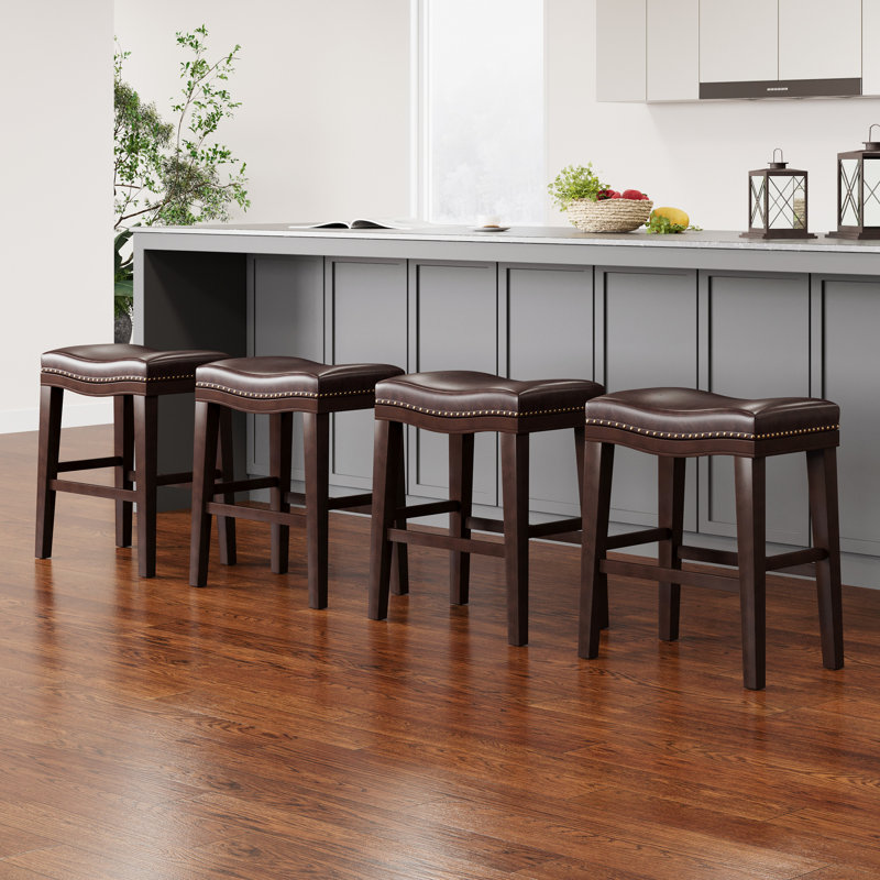 26 Inch Contemporary Upholstered Saddle Counter Stool With Nailhead Trim, Set Of 4, Comfort And Style For Modern Spaces
