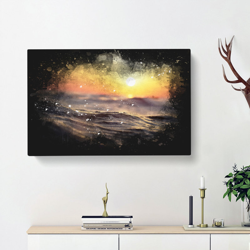 Orange Sunset Above The Waves - Wrapped Canvas Painting, 50cm H x 76cm W x 3cm D