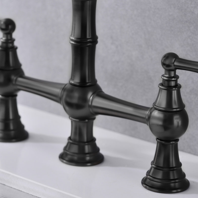 Bridge Style Kitchen Faucet With Dual Handles In Matte Black And Pull-Out Side Spray, 360 Turning High Overflow, Rust, , Leak-, Brass Manufactured Two Degree Rotating Cleaning Rust-, , Leak-,