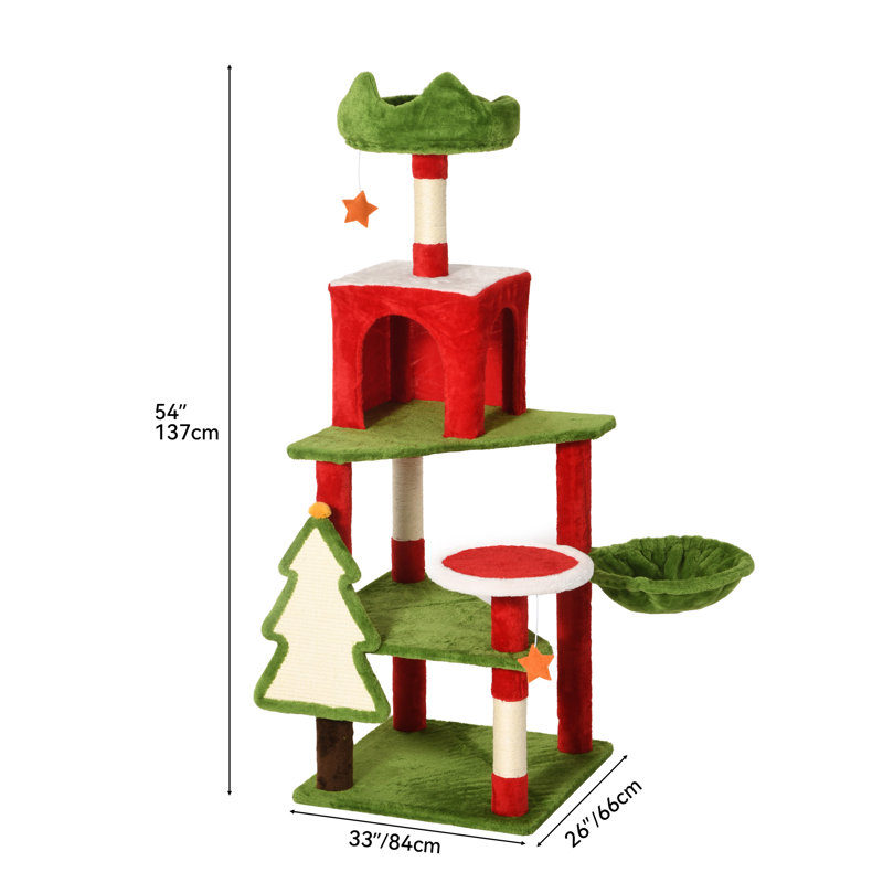Arbre à chat 54 po H 54 po à plusieurs niveaux avec hamac perchoir, poteaux à griffes, rampe et étoiles ludiques