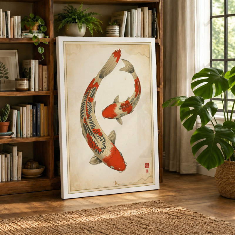 Twin Koi Dance Japandi - Wrapped Canvas, 36x24 - 91.4 x 61.0 cm, Teal Border