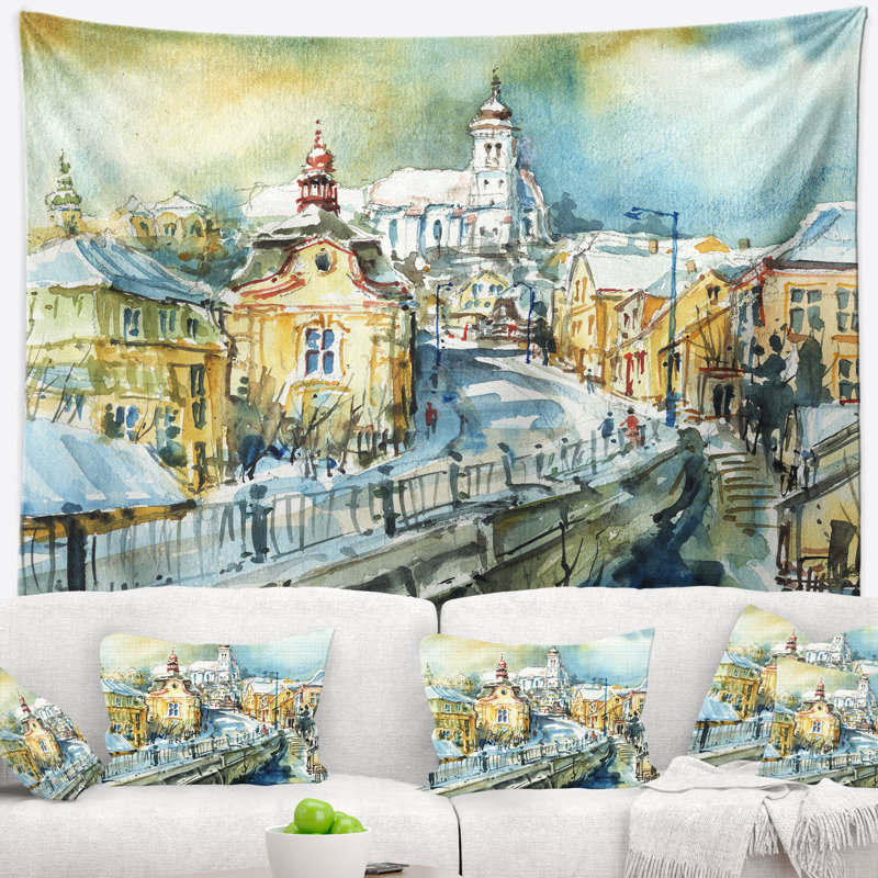 Tapisserie aquarelle paysage urbain, H 50 po x l 60 po