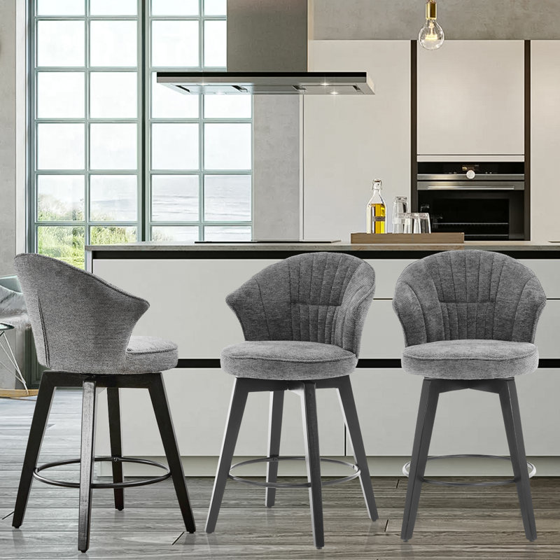 Set of 2 Counter Height Swivel Bar Stools with Chenille Upholstery and Wide Back, Kitchen Island Chairs with Metal Legs, Gray