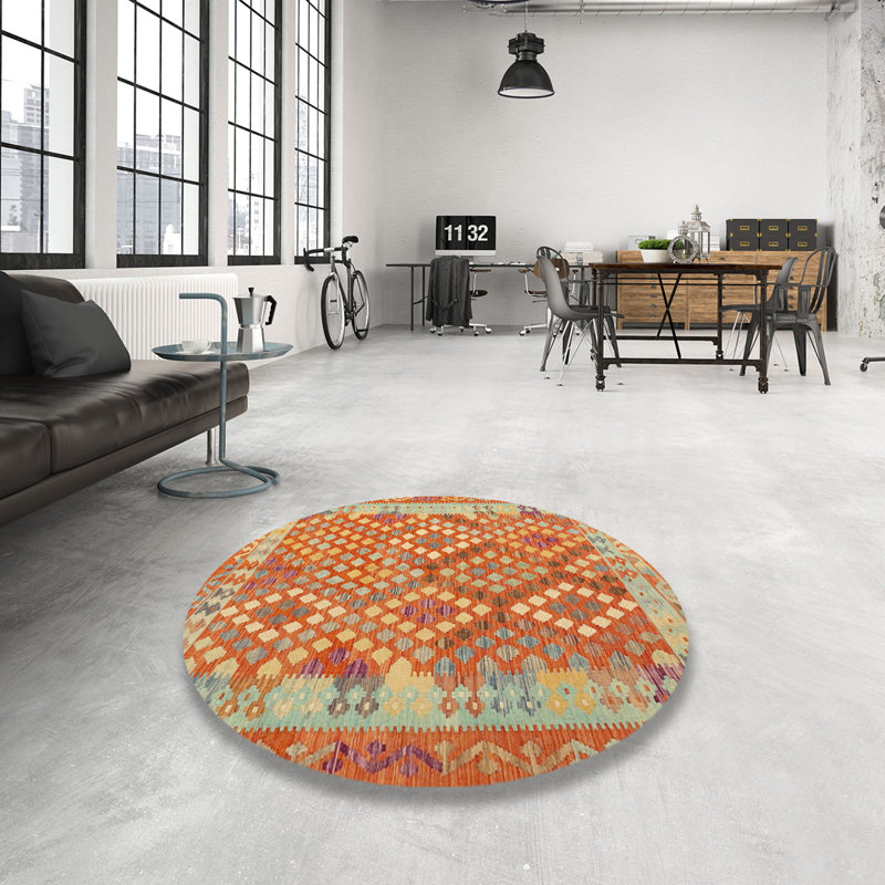 Tapis de zone rouge/orange/vert contemporaine, Rond 5 pi