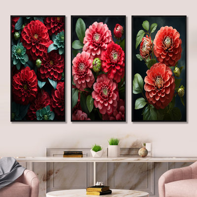 Red Zinnias Blooms I - ensemble de 3 décorations murales fleurs rouges