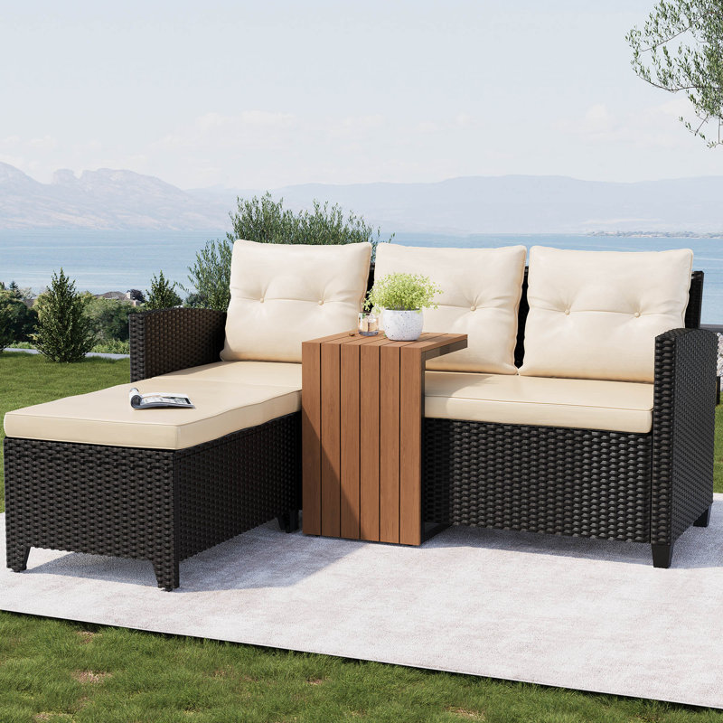 3 Piece Outdoor Sectional Patio Sofa, All-Weather Black Wicker Furniture Set With Glass Table And Cushions