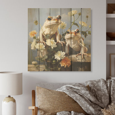 Art contemporain sur bois de pin naturel, grenouille et crapauds Contemporary