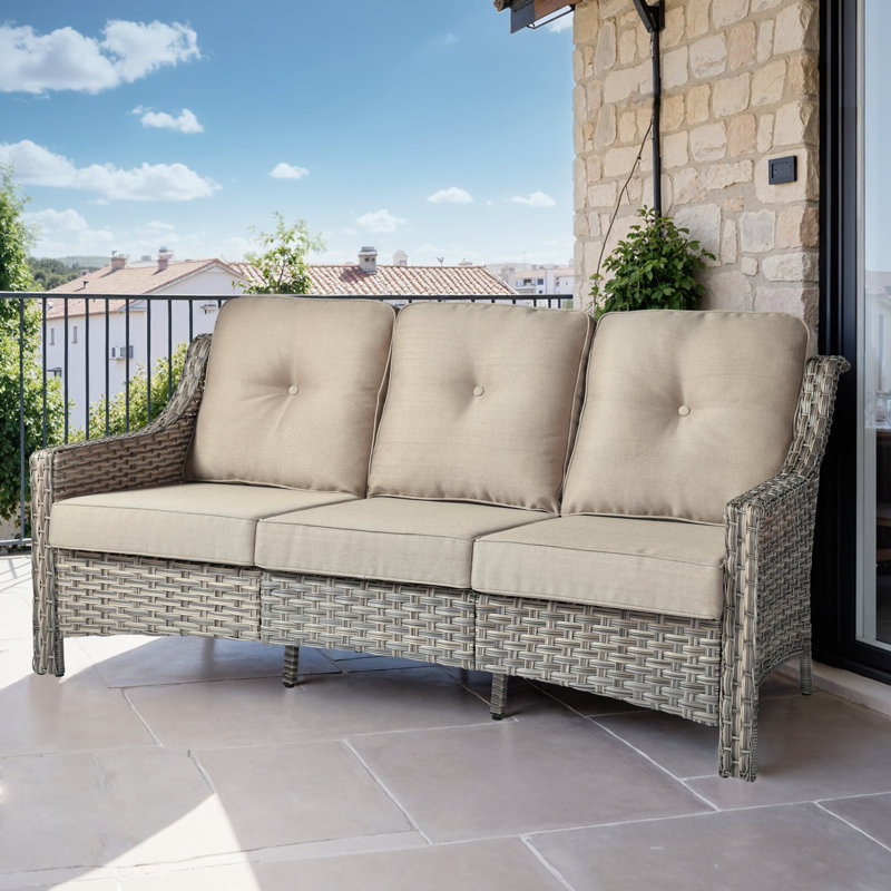 3 - Person All Weather Patio Furniture Sofa , Outdoor Wicker Rattan High Back Sofa With Cushions, Beige