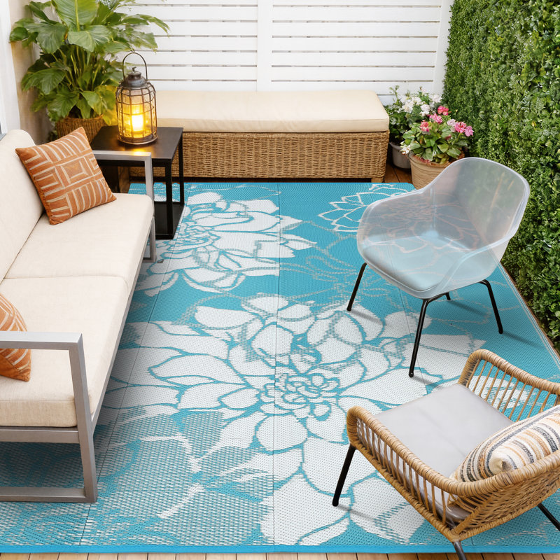 Floral Machine Printed Area Rug, Blue, Rectangle 244 x 305 cm