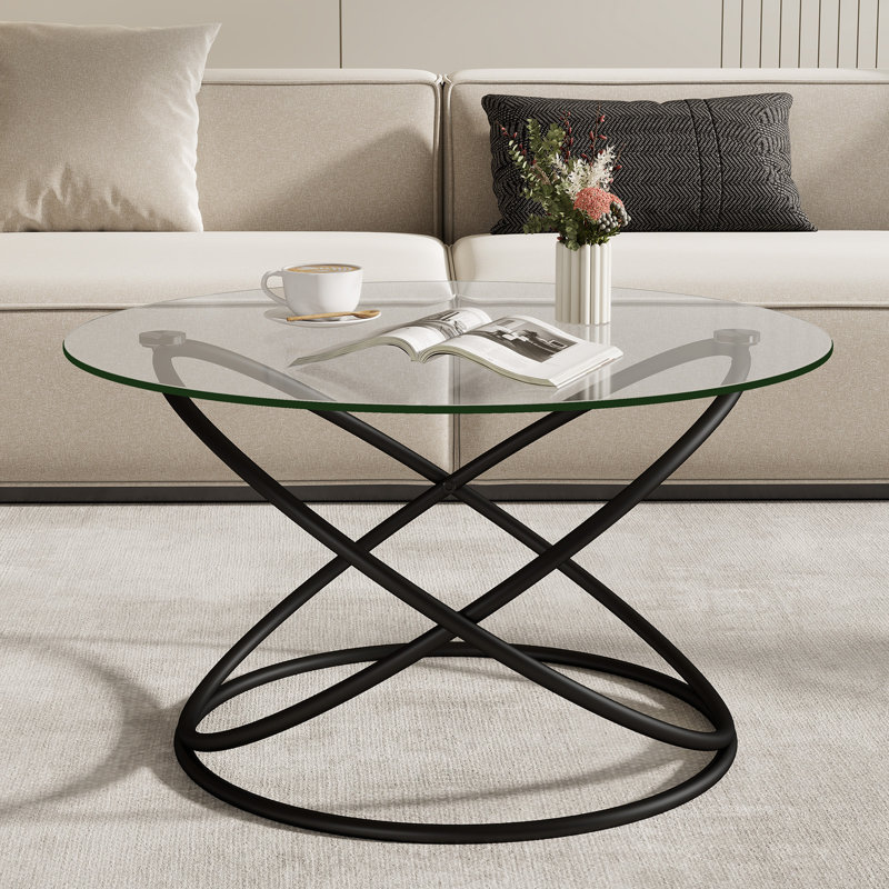 Jefre 31.5" Tempered Glass Coffee Table with Plated Metal Frame, Black