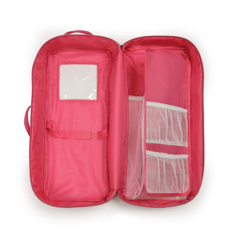 Doll Travel Case with Bed and Bedding in Dark Pink