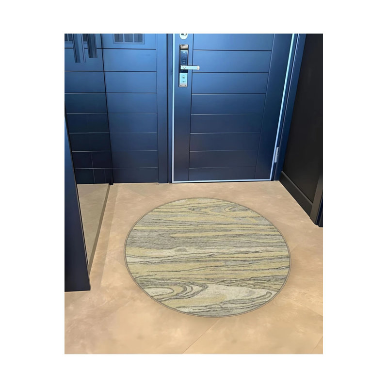 Yellow Beige Abstract Pattern Detailed Woven Base Modern Decorative Carpet, Round 2'8"