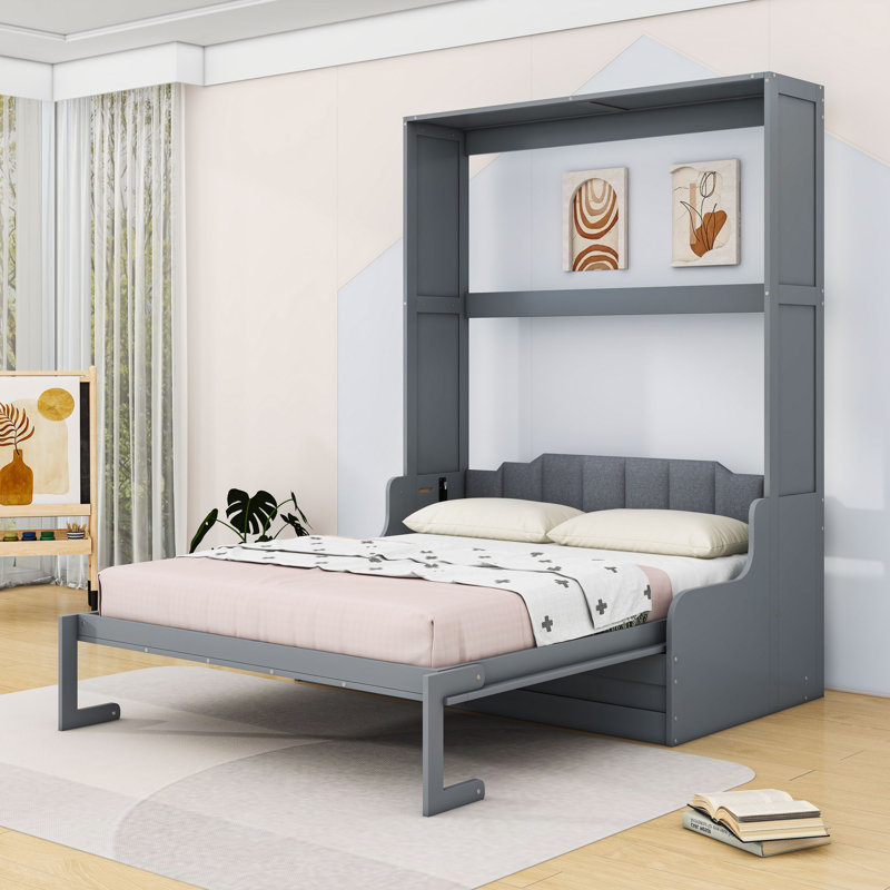Grand lit escamotable peu encombrant avec canapé et tête de lit, Gris