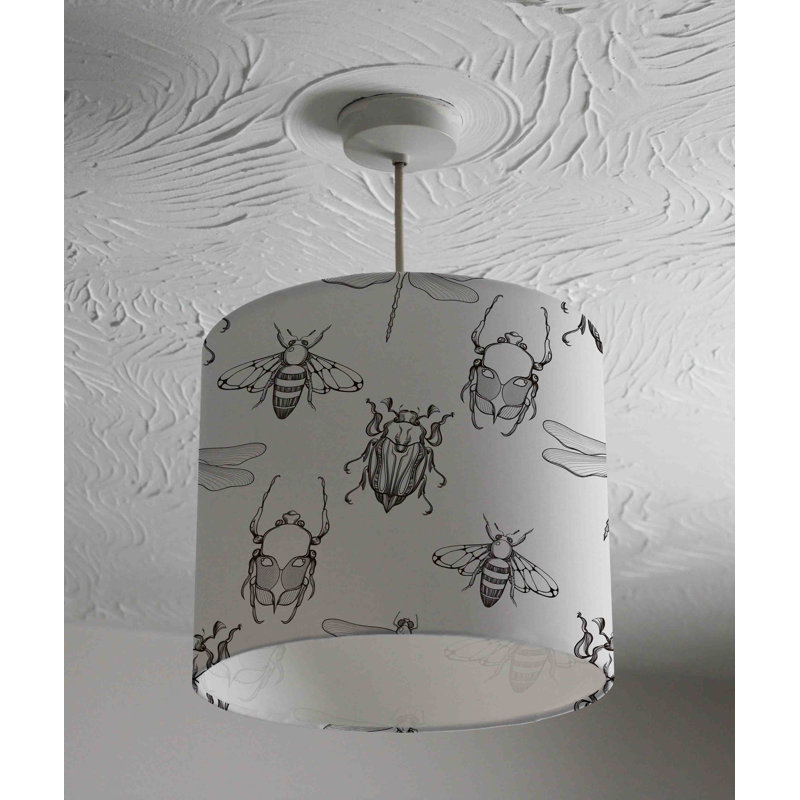 Sketch Of Scarab Beetle, May Bug, Bee, Dragonfly 22cm H Cotton Drum Pendant Shade ( Uno )