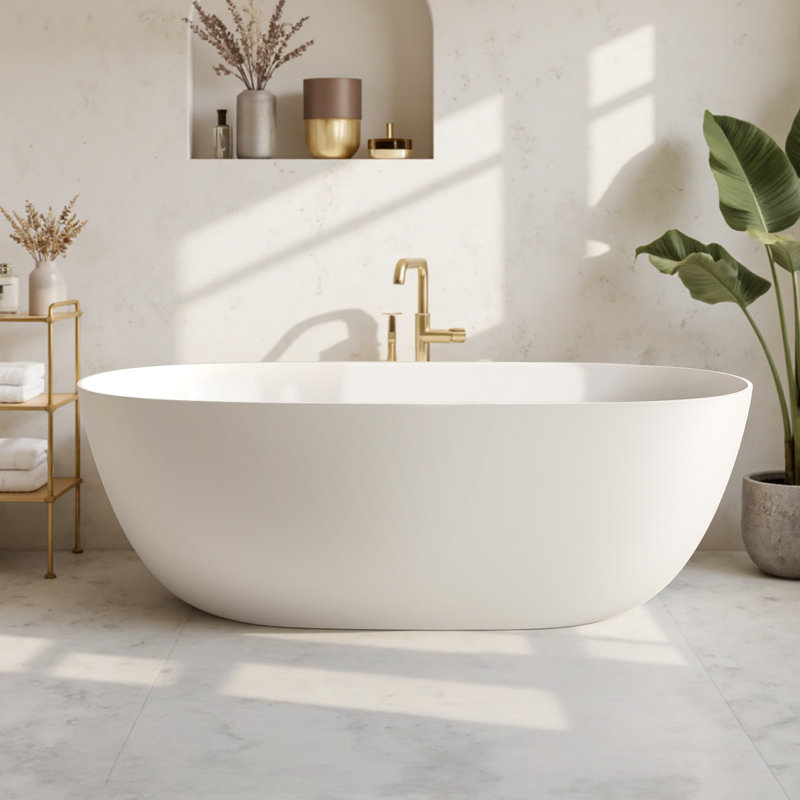 Baignoire autoportante en pierre solide de 61 po x 30 po StonePure, baignoire profonde avec trop-plein, bonde escamotable