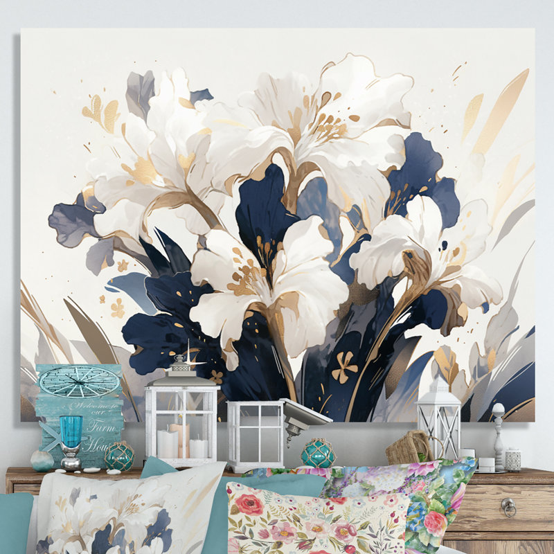 Or doré, impressions d'iris blanc, H 16 po x l 32 po x P 1 po, Toile tendue