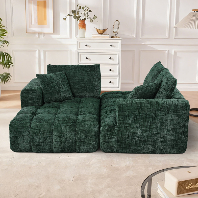108" Chenille Compression Sectional Sofa with Chaise,Tufted Seat, No Assembly, Dark Green Chenille, Left Hand Facing