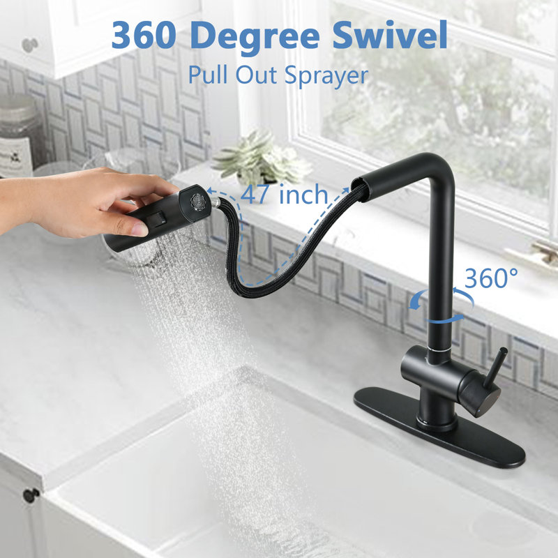 Un robinet de cuisine à cascade avec pomme de douche rétractable, poignée simple et rotation à 360 °., Noir mat