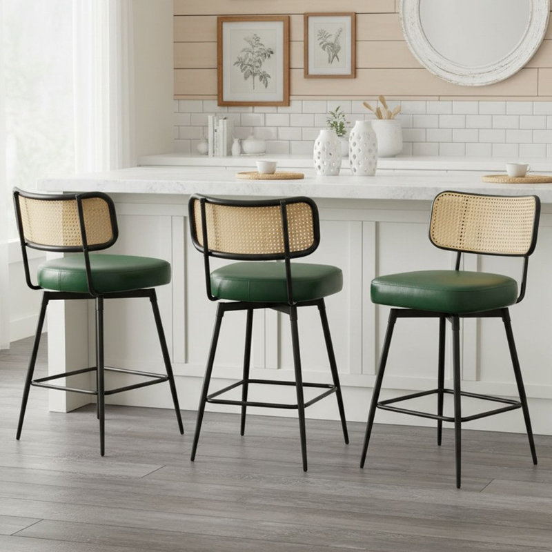 Swivel Upholstered Counter Stools With Rattan Back, Green, 3