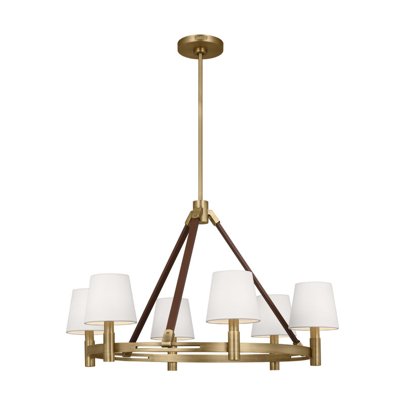 Lustre de salle à manger 6 lumières Lauren Ralph Lauren Grayson avec abat-jour en lin blanc, Laiton usé par le temps