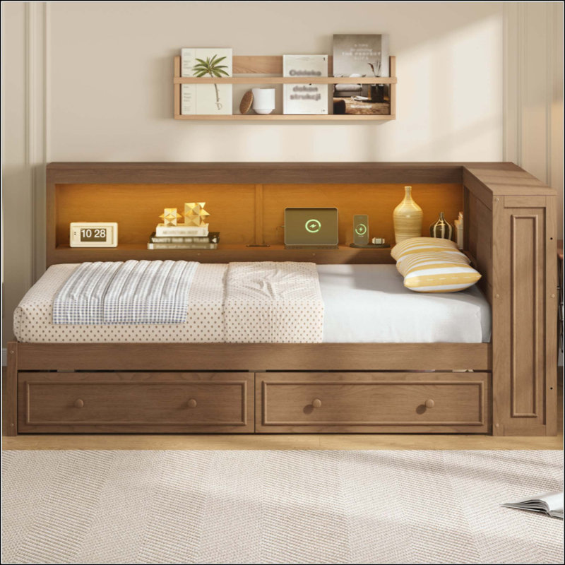 Lit de jour en bois avec tablettes de rangement, USB, DEL et 2 tiroirs, Bois