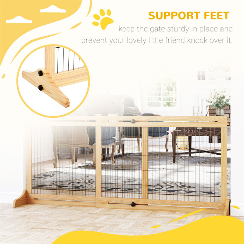Natural Wooden Retractable Freestanding Pet Gate for Doorways