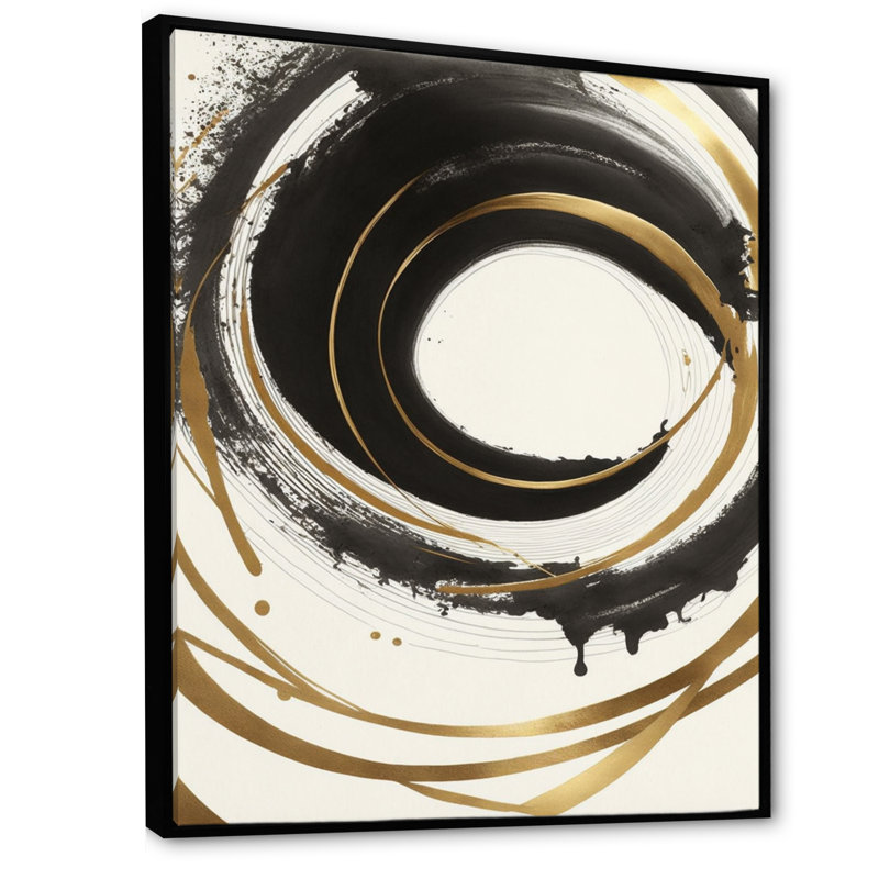 «Black and Gold Curves III» - art mural moderne sur toile, H 32 po x l 24 po x P 1 po, Cadre flottant noir
