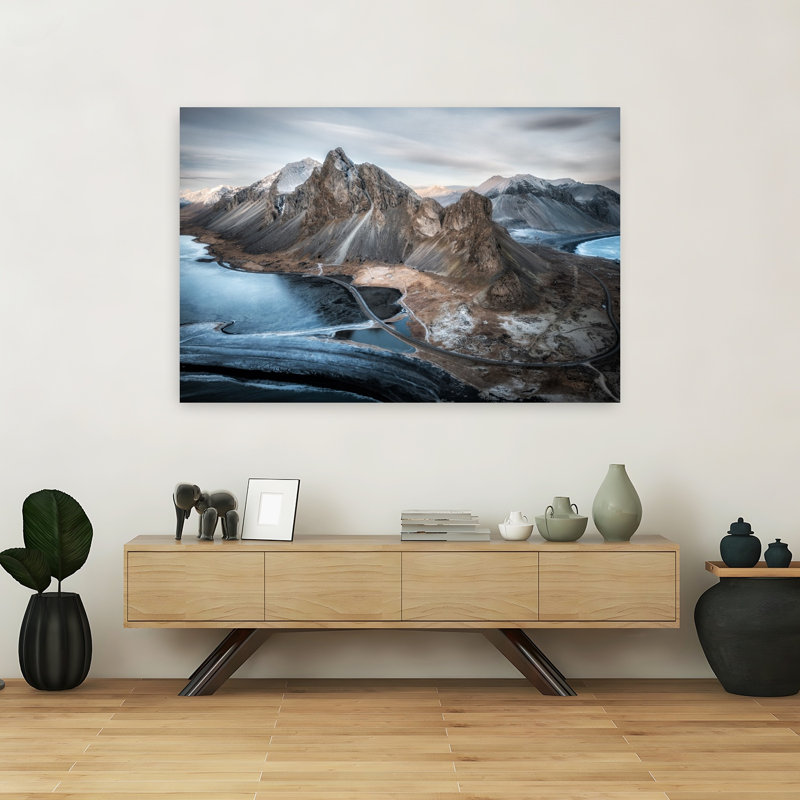 Vestrahorn Winter Landscape Dramatic Serene Abstract Coastal Landscape Wall Art Print 1 Piece Wrapped Canvas Wall Art