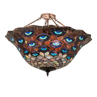 28" Wide Tiffany Peacock Feather Inverted Pendant