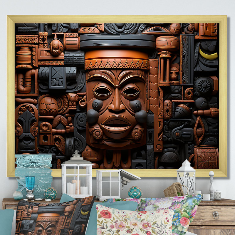 Masque africain brun et noir à motif de Kuba - Masque africain grand art mural, H 16 po x l 32 po x P 1 po