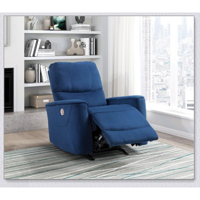 Fauteuil inclinable électrique berçant Modern Living avec revêtement en velours bleu et structure en bois massif pour un confort luxueux
