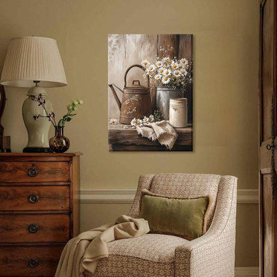 Framed Rustic Farmhouse Daisy Wall Art Vintage Country Flower Floral Canvas Wall Decor Still Life Botanical Painting Prints Rag And Rust Color Kettle Posters Pictures For Home Decoration