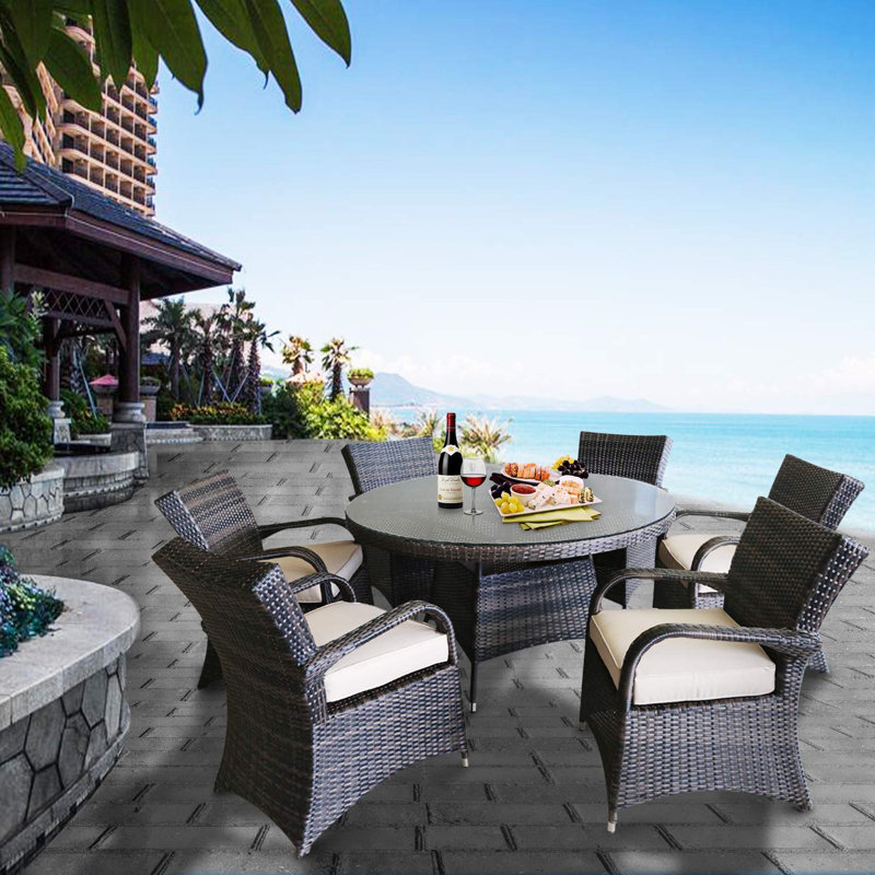 Fairweather 6 - Person Patio Dining Set Round Table with Cushions Included, Mix Brown