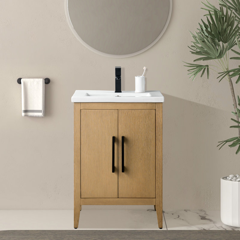 Meuble-lavabo simple 24 po avec plateau en céramique Chambery, Chêne naturel, Noir mat, H 34,25 po x l 24,4 po x P 18,5 po