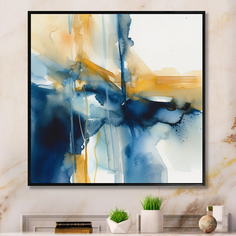 «Blue and Gold Fusion IV», reproduction d'art sur toile, H 30 po x l 40 po x P 1,5 po, Cadre flottant noir