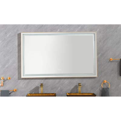 Miroir de salle de bain 60 po x 36 po à DEL, fixation murale, effet brouillard, 3 températures de couleur, gradation continue, cadre en aluminium, miroir de meuble-lavabo doré brossé 60 po, 36 po, couleurs disponibles, cadre