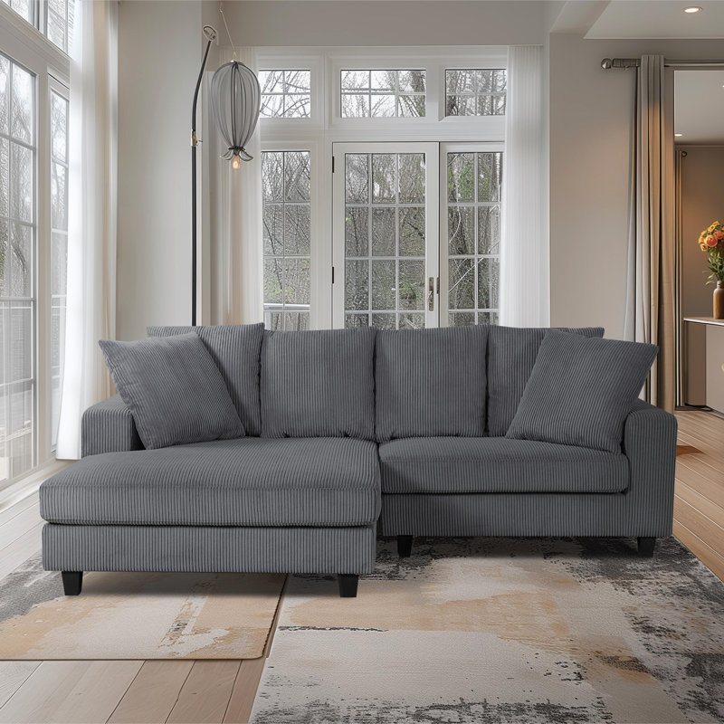 Amiin Corduroy L-Shaped Sectional, Light Gray Corduroy, Left Hand Facing