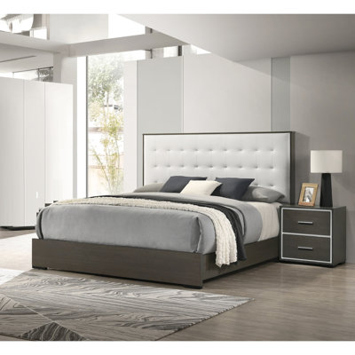Contemporary Upholstered Queen Panel Bed With Head, Gray And Beige Accents Stylish Button Headboard, Slats Included, Upholstery