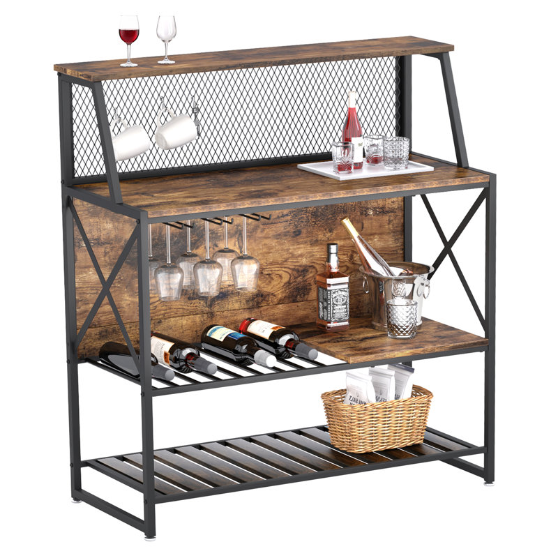 100W x39.8D x 106H cm Selleck Bar with Wine Storage With Cup Holder, Rustic Brown/Black