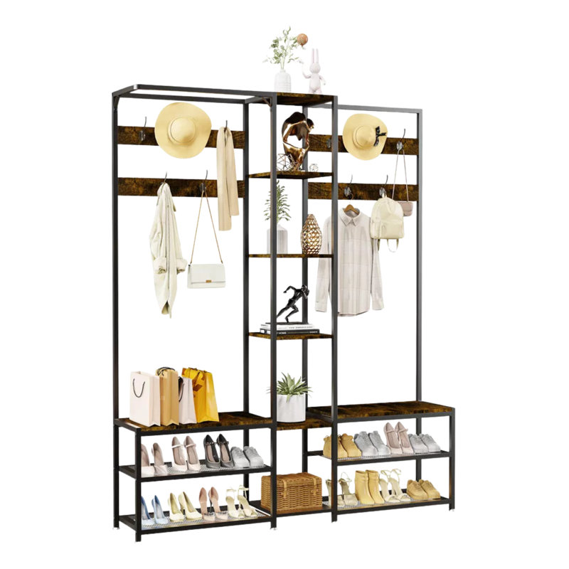 Benjahmin Adjustable Industrial Hall Tree Coat Rack Stand With Shoe Storage Shelves